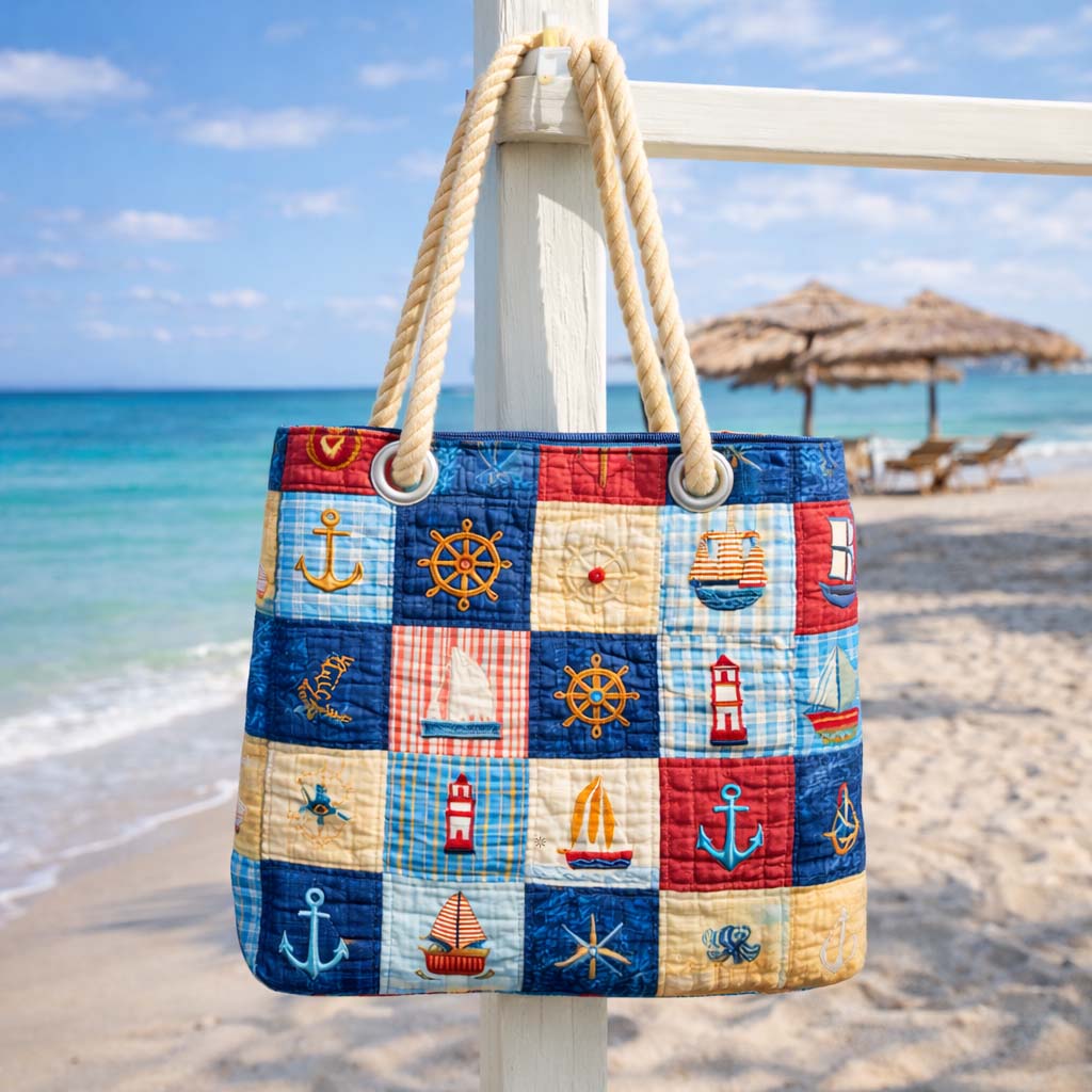 Bolsa de Playa Acolchada con Patchwork Marino